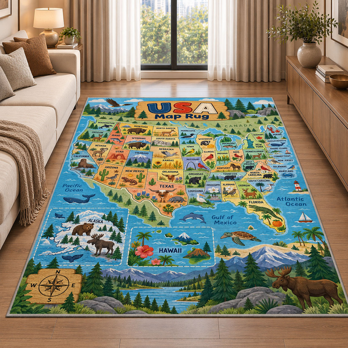 scenic usa wildlife map rug displayed in a sunlit lounge beside a sofa
