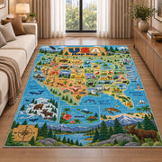 scenic usa wildlife map rug displayed in a sunlit lounge beside a sofa