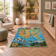 scenic usa wildlife map rug displayed in a nursery beside an upholstered chair
