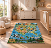 scenic usa wildlife map rug displayed in a nursery beside a crib