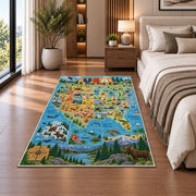 scenic usa wildlife map rug displayed in a bedroom beside the bed