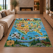 scenic usa wildlife map rug displayed in a living room with a fireplace