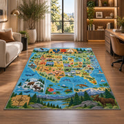 scenic usa wildlife map rug displayed in a lounge with wooden shelves