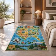 scenic usa wildlife map rug displayed in a bedroom in sunlight