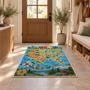 scenic usa wildlife map rug displayed in a entryway beside a wooden door