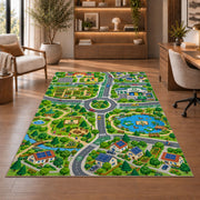 village park road map rug displayed in a living room with wooden shelves