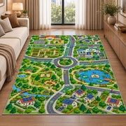 village park road map rug displayed in a sunlit lounge beside a sofa