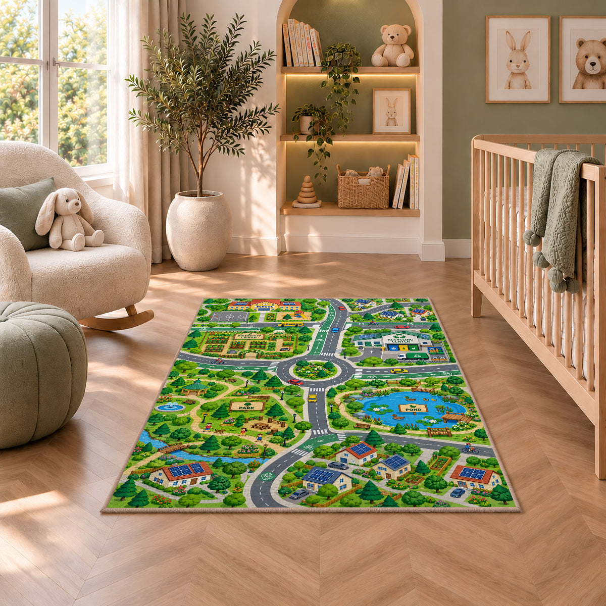 village park road map rug displayed in a nursery beside an upholstered chair