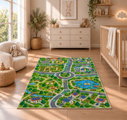 village park road map rug displayed in a nursery beside a crib