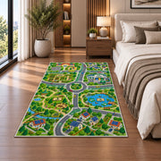 village park road map rug displayed in a bedroom beside the bed