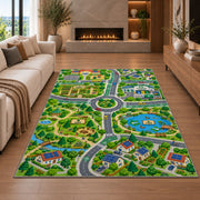 village park road map rug displayed in a living room with a fireplace