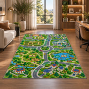 village park road map rug displayed in a lounge with wooden shelves