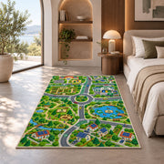 village park road map rug displayed in a bedroom in sunlight