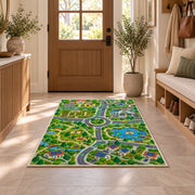 village park road map rug displayed in a entryway beside a wooden door