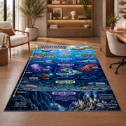 ocean zones exploration rug displayed in a living room with wooden shelves