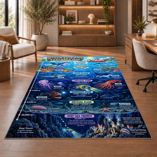 ocean zones exploration rug displayed in a living room with wooden shelves
