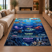 ocean zones exploration rug displayed in a living room with a fireplace