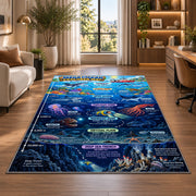 Ocean zones exploration rug displayed in a lounge with wooden shelves