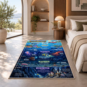 ocean zones exploration rug displayed in a bedroom in sunlight