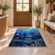 ocean zones exploration rug displayed in a entryway beside a wooden door