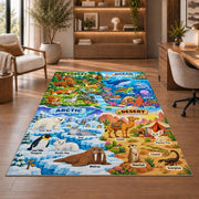 forest ocean and desert animal explorer rug displayed in a living room with wooden shelves