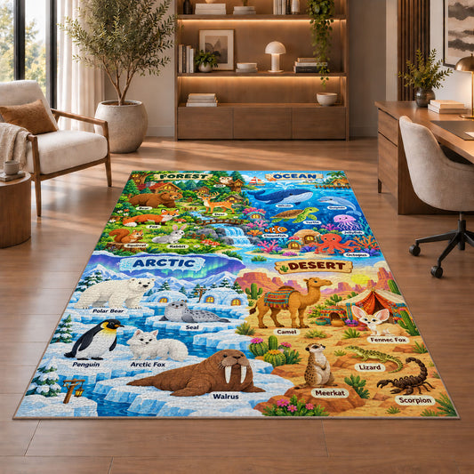 forest ocean and desert animal explorer rug displayed in a living room with wooden shelves
