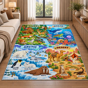 forest ocean and desert animal explorer rug displayed in a sunlit lounge beside a sofa
