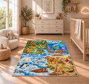 forest ocean and desert animal explorer rug displayed in a nursery beside a crib