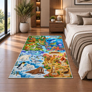forest ocean and desert animal explorer rug displayed in a bedroom beside the bed