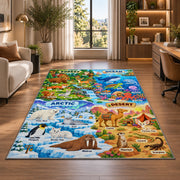 forest ocean and desert animal explorer rug displayed in a lounge with wooden shelves