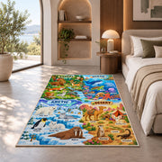 forest ocean and desert animal explorer rug displayed in a bedroom in sunlight