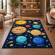 smiling planet solar system rug displayed in a living room with wooden shelves