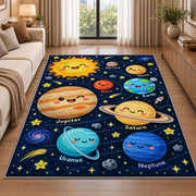 smiling planet solar system rug displayed in a sunlit lounge beside a sofa