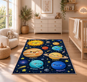 smiling planet solar system rug displayed in a nursery beside a crib