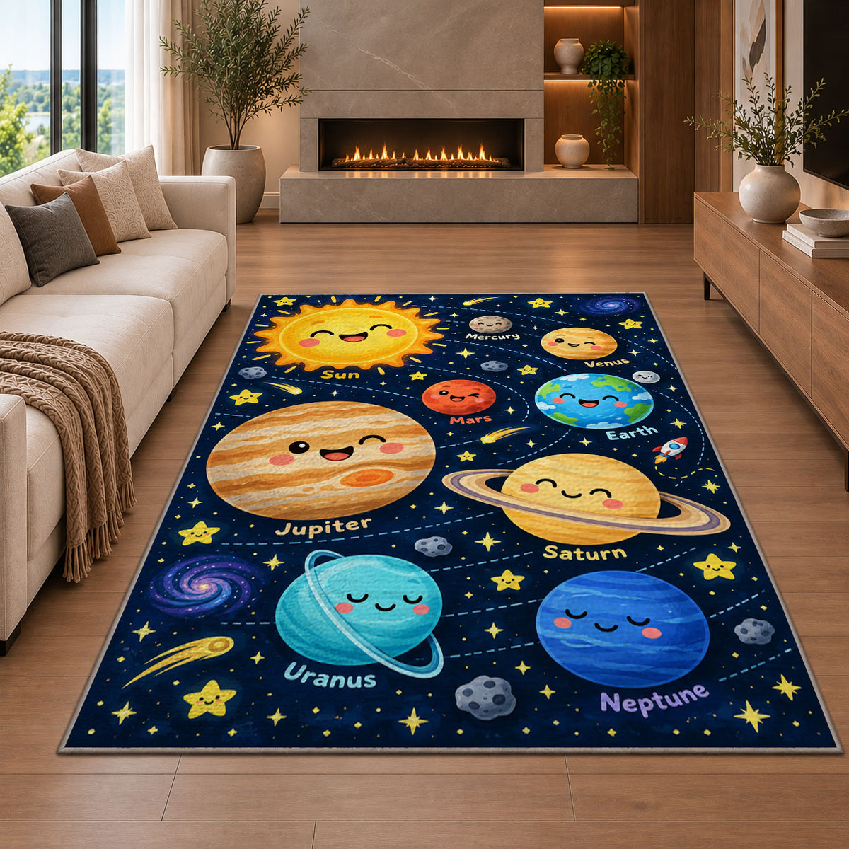 smiling planet solar system rug displayed in a living room with a fireplace
