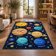 smiling planet solar system rug displayed in a lounge with wooden shelves