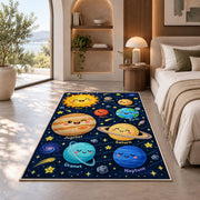 smiling planet solar system rug displayed in a bedroom in sunlight