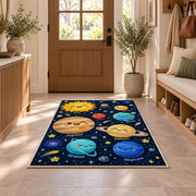 smiling planet solar system rug displayed in a entryway beside a wooden door