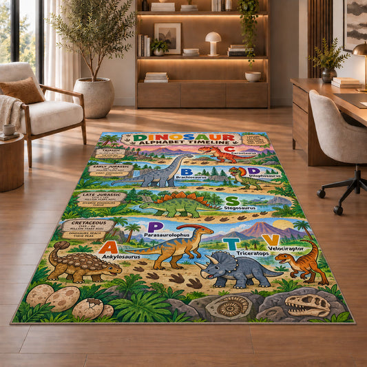 colorful dinosaur alphabet timeline rug displayed in a living room with wooden shelves