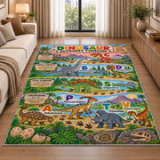 colorful dinosaur alphabet timeline rug displayed in a sunlit lounge beside a sofa
