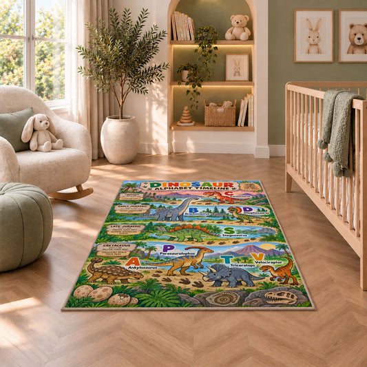 colorful dinosaur alphabet timeline rug displayed in a nursery beside an upholstered chair