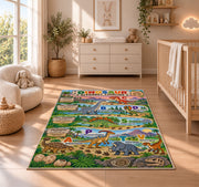 colorful dinosaur alphabet timeline rug displayed in a nursery beside a crib