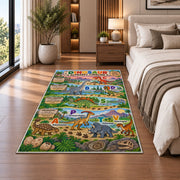 colorful dinosaur alphabet timeline rug displayed in a bedroom beside the bed