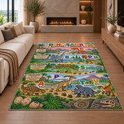 colorful dinosaur alphabet timeline rug displayed in a living room with a fireplace