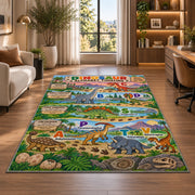 colorful dinosaur alphabet timeline rug displayed in a lounge with wooden shelves