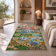 colorful dinosaur alphabet timeline rug displayed in a bedroom in sunlight