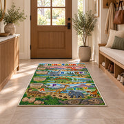 colorful dinosaur alphabet timeline rug displayed in a entryway beside a wooden door