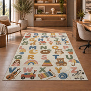 pastel alphabet objects rug displayed in a living room with wooden shelves