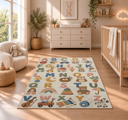 pastel alphabet objects rug displayed in a nursery beside a crib