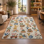 pastel alphabet objects rug displayed in a lounge with wooden shelves